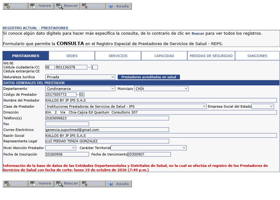 Captura de la consulta oficial REPS de Kallos by JP IPS S.A.S., NIT 901136378-1 y código 2517505772